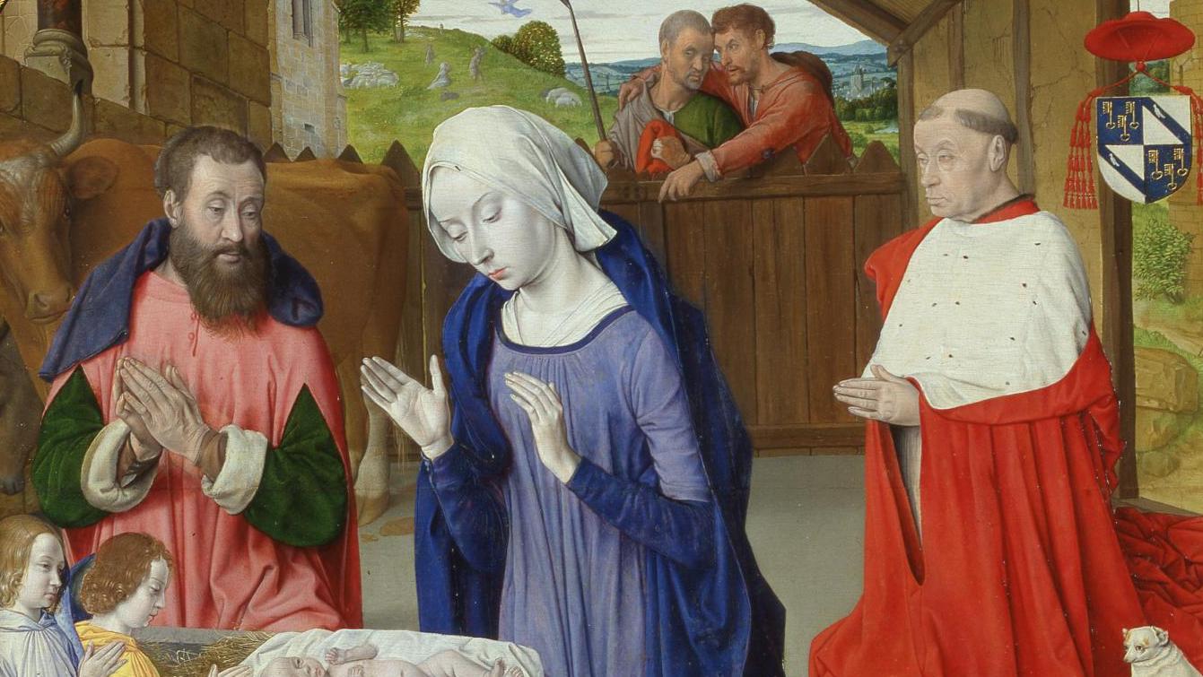Jean Hey (actif entre 1480 et 1501), Nativité au cardinal Rolin, huile sur bois,... Miroir du prince, l’âge d’or du mécénat à Autun (1425-1510)