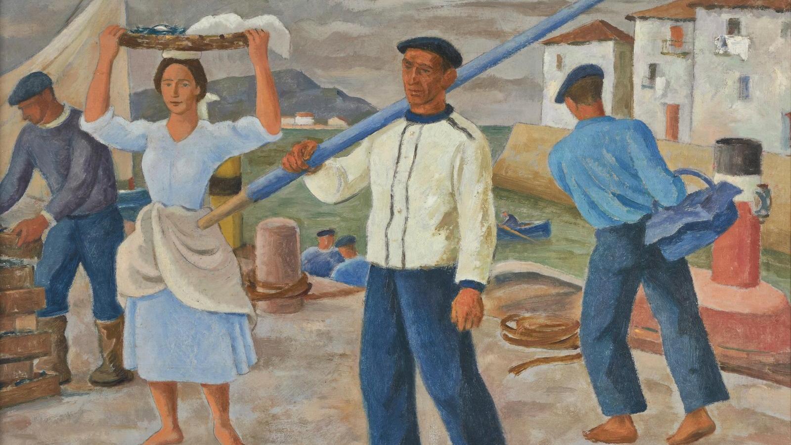 Ramiro Arrue (1892-1971), Le Retour de pêche, huile sur panneau signée, 54 x 77 cm.... José et Ramiro, les Arrue en famille