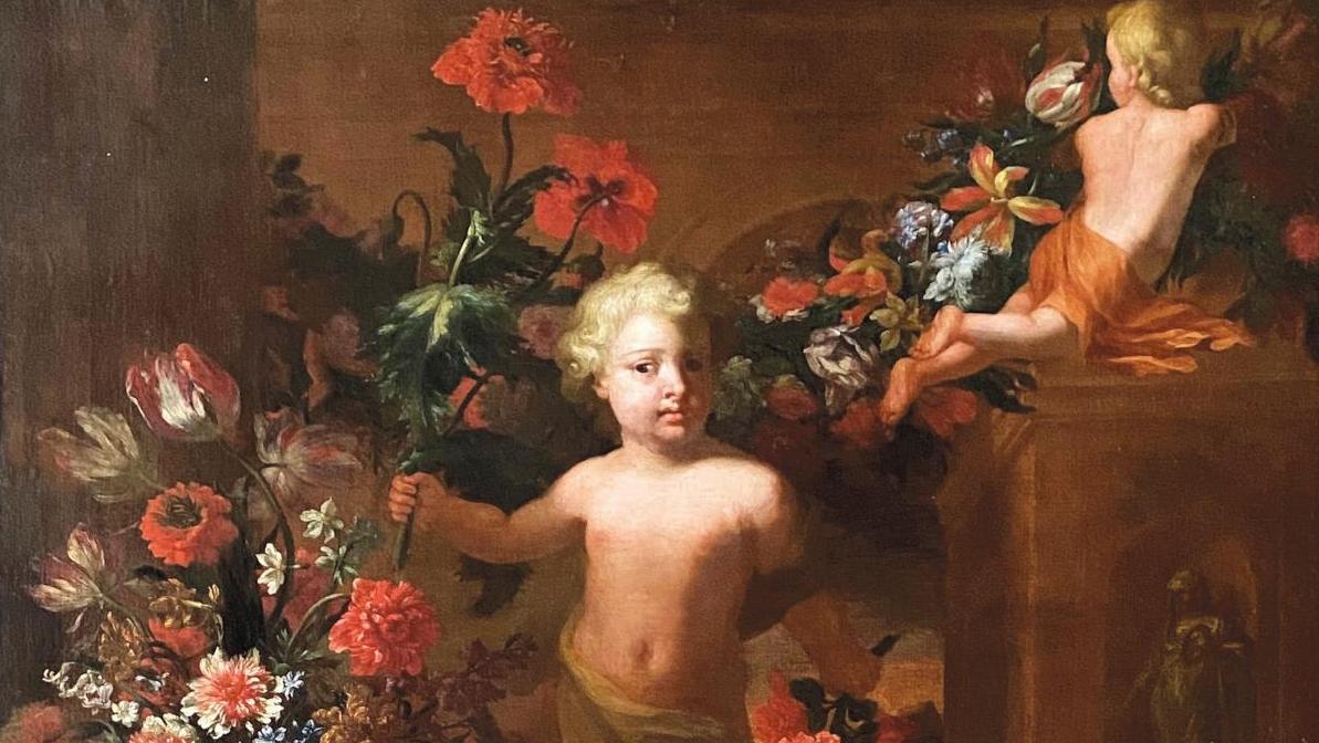 Attribué à Jean-Baptiste Monnoyer (1636-1699), Nature morte de fleurs animée de putti... Jean-Baptiste Monnoyer, l’amour des fleurs