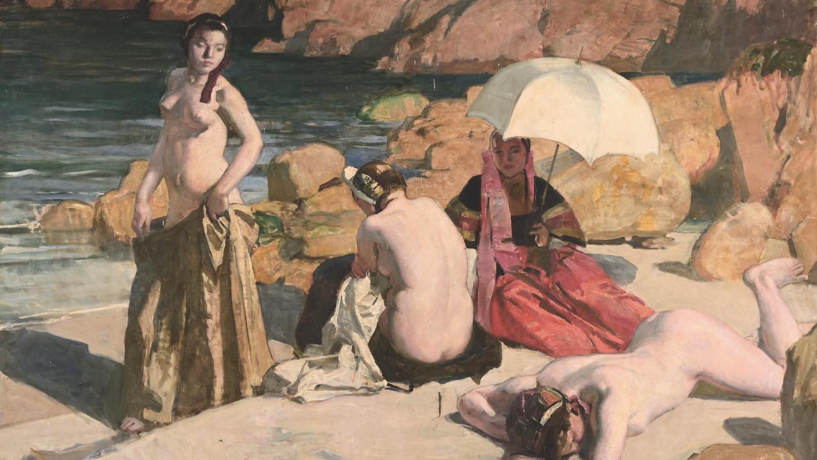 Lucien Simon (1861-1945), Baigneuses bretonnes dans les rochers, 1913, huile sur... Lucien Simon enregistre un record avec ses Bigoudènes