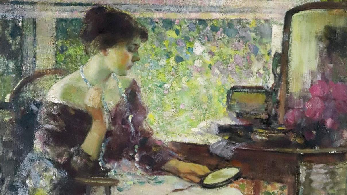 Richard Edward Miller (1875-1943), Femme impressionniste à la broderie vert et jaune,... Tasse royale et Richard Edward Miller