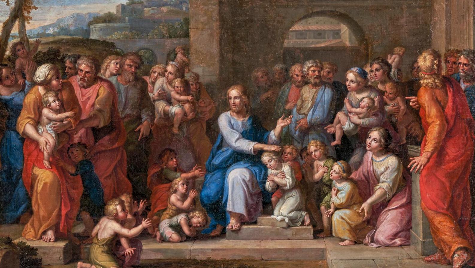 Pierre Mosnier (1641-1703), Laissez venir à moi les petits enfants, huile sur toile,... Un épisode des Évangiles par Pierre Mosnier