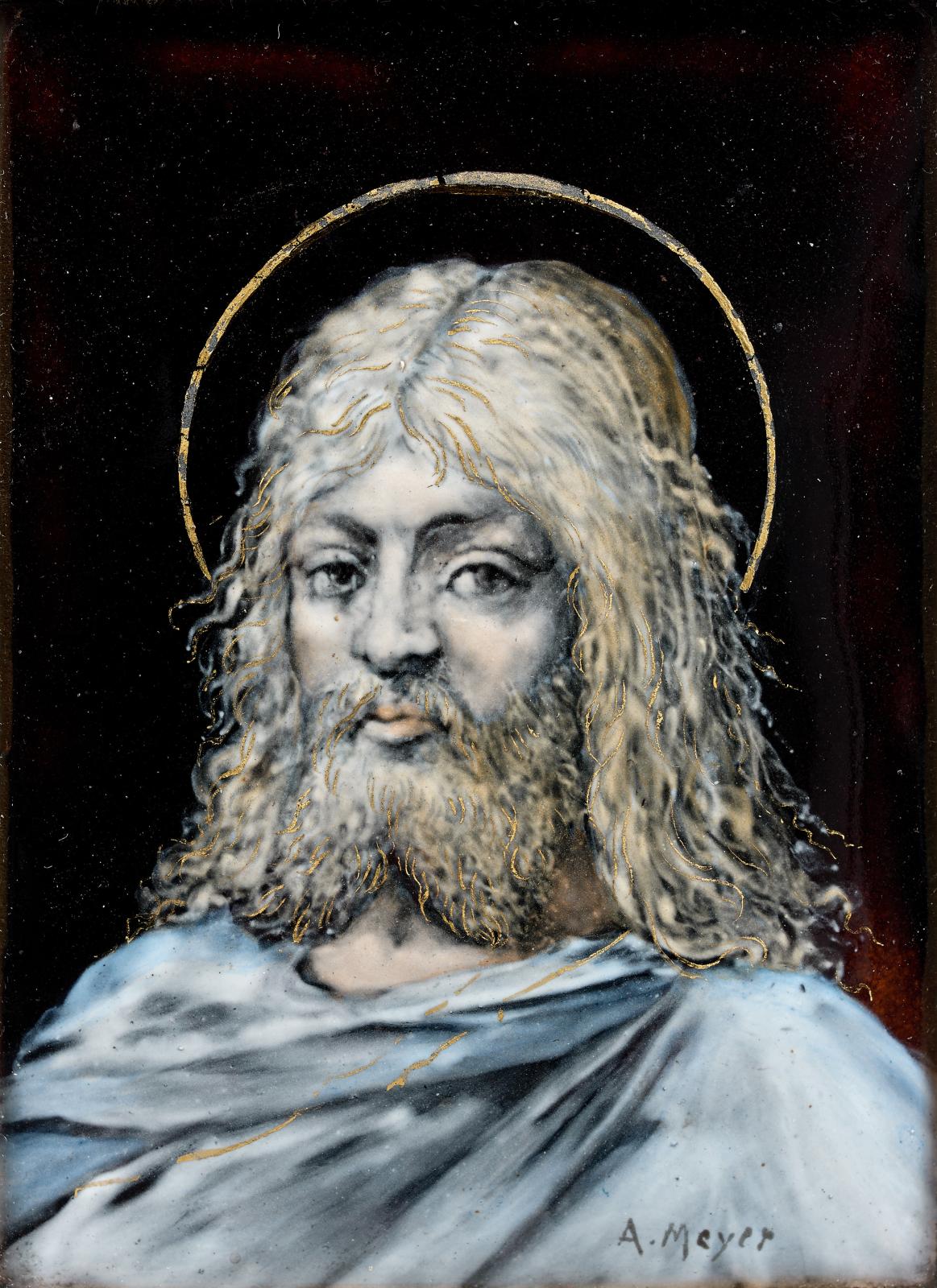 249 € frais compris. Alfred Meyer (1827-1904), Christ en buste, émail peint sur cuivre en grisaille colorée, à fond brun et rehauts d’or e