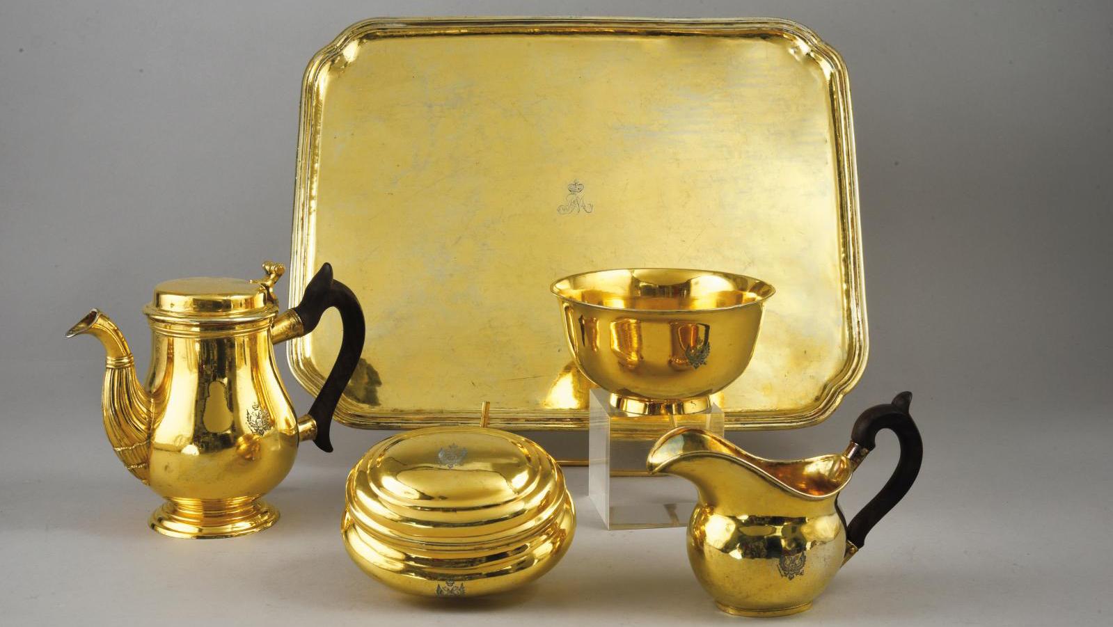 Vermeil tea service, tray, teapot, milk jug, sugar bowl and presentation cup by silversmith... The Aristocratic Yusupov Collection Enchants Collectors