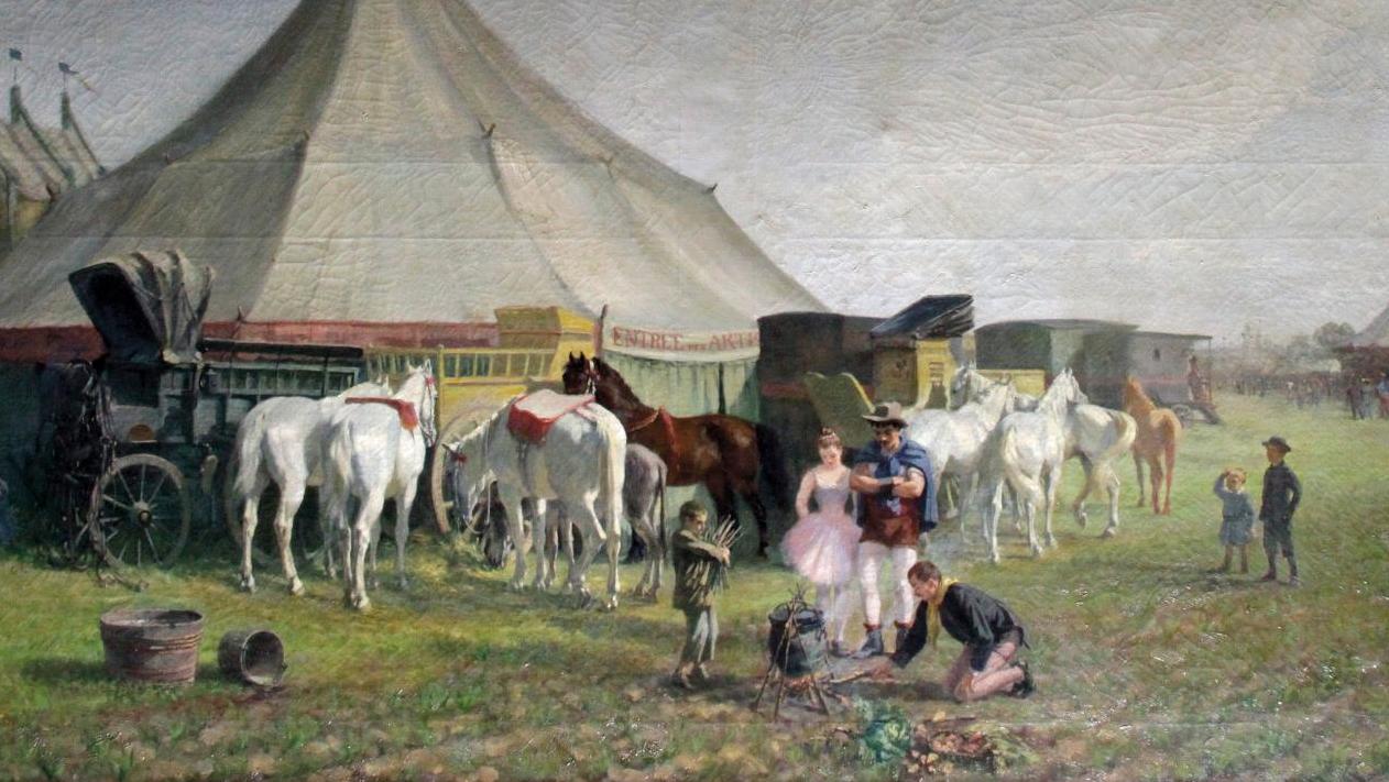 Charles Édouard Frère (1837-1894), Les Gens du cirque, huile sur toile signée, 130 x 195 cm.... Frère fait son cirque