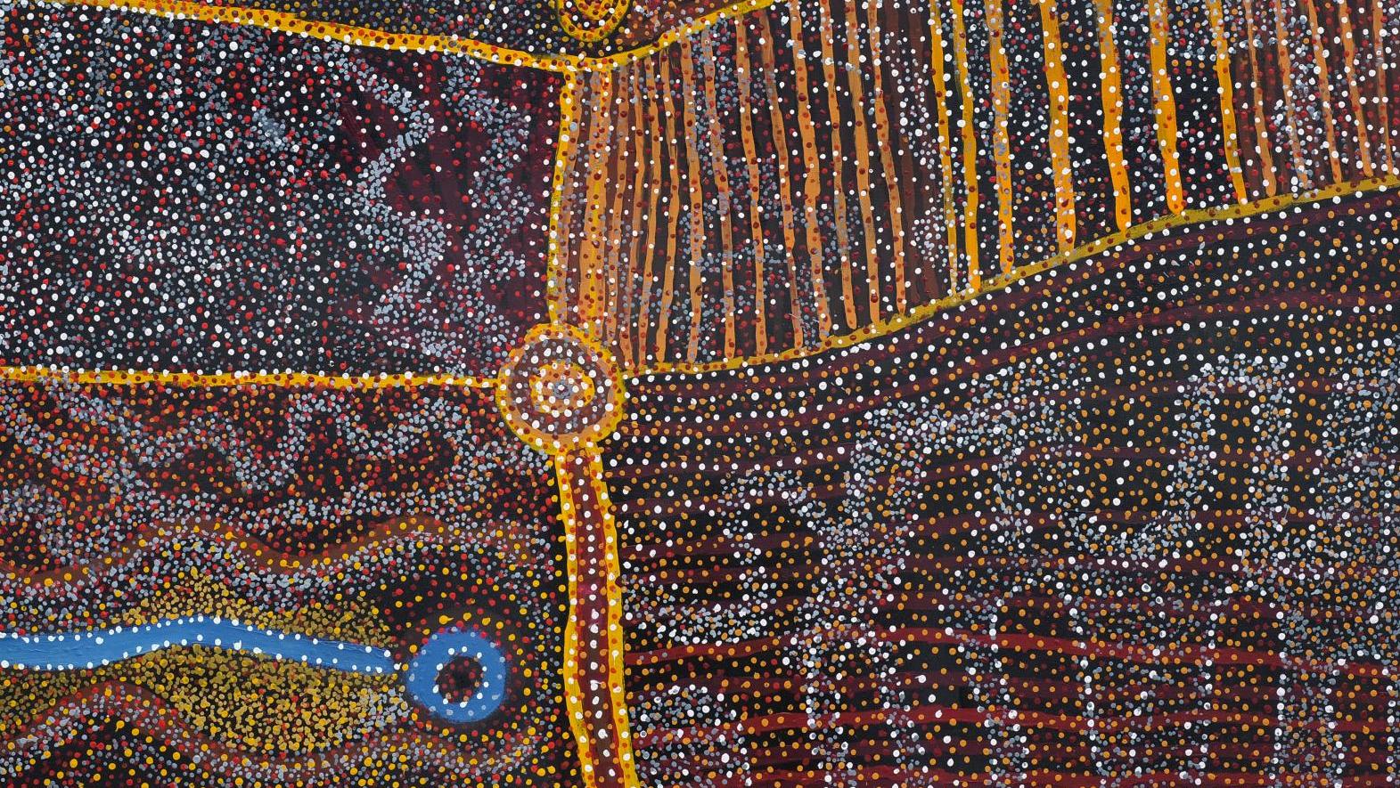 Willy Muntjantji Martin (1951-2018), Wanampi Tjukurpa (Water Snake Dreaming), détail,... L’art aborigène. Collection Pierre Montagne