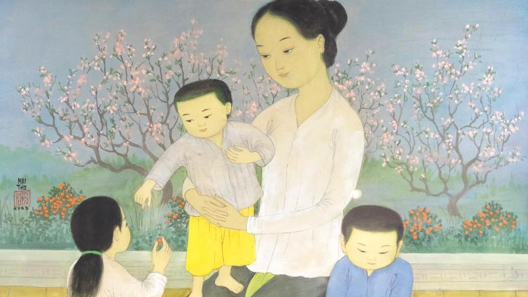 Mai Trung Thu, dit Mai-Thu (1906-1980), Mère et enfants aux cumquats, encre et gouache... L’amour maternel par Mai-Thu