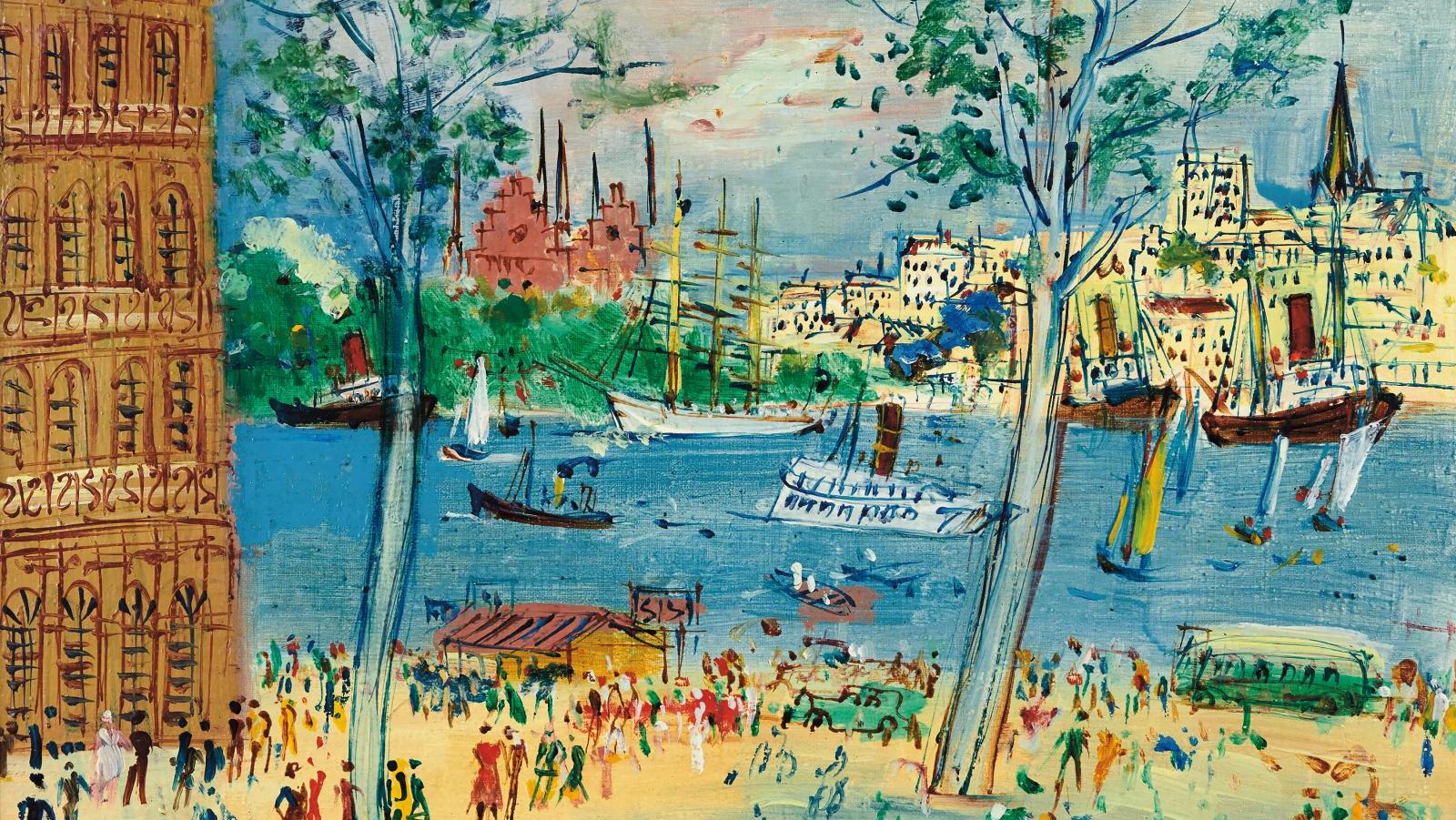 Jean Dufy (1888-1964), Stockholm, le port, vers 1953-1954, huile sur toile signée,... De Stockholm à la brousse, avec Dufy et Lalanne 