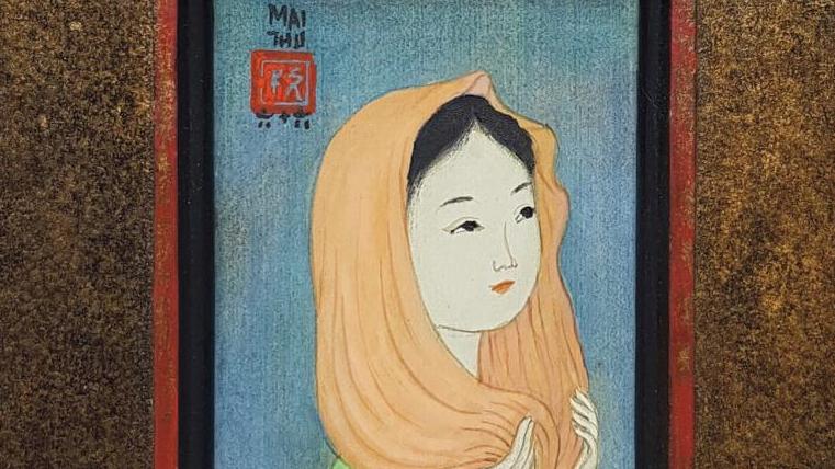 Mai Trung Thu, dit Mai-Thu (1906-1980),  Jeune femme à l’écharpe rose, 1966, encre... Les jeunes filles sages de Mai-Thu