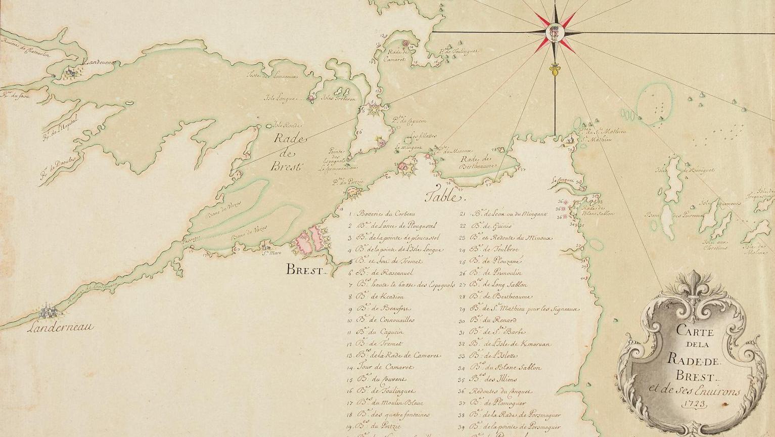 Miniac Gouyon.Carte de la rade de Brest et de ses environs, 1723, manuscrite, plume,... À l’heure du GPS, la géographie cartes sur table garde des atouts !