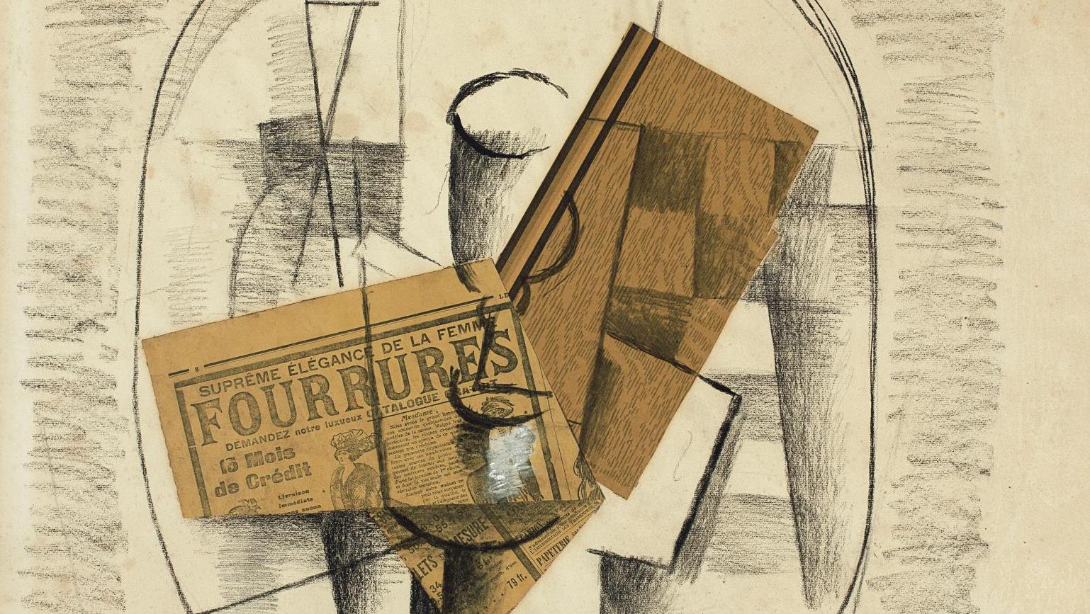 Georges Braque (1882-1963), Verres et bouteilles (Fourrures), hiver 1913-1914, fusain,... Braque : dessin cubiste synthétique