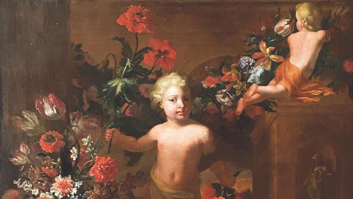 Attribué à Jean-Baptiste Monnoyer (1636-1699), Nature morte de fleurs animée de putti... L’opulence de Monnoyer, l’élégance selon Criaerd