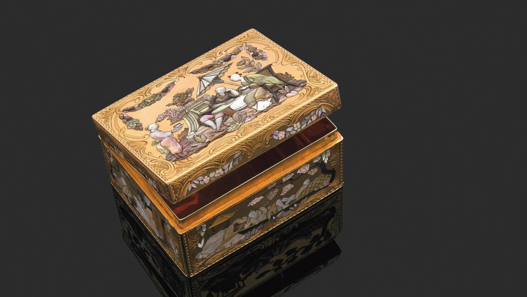 Paris, 1757. Yellow gold box, engraved and chased with scrolls and shell clasps,... This Precious Snuffbox Is Nothing to Sneeze At