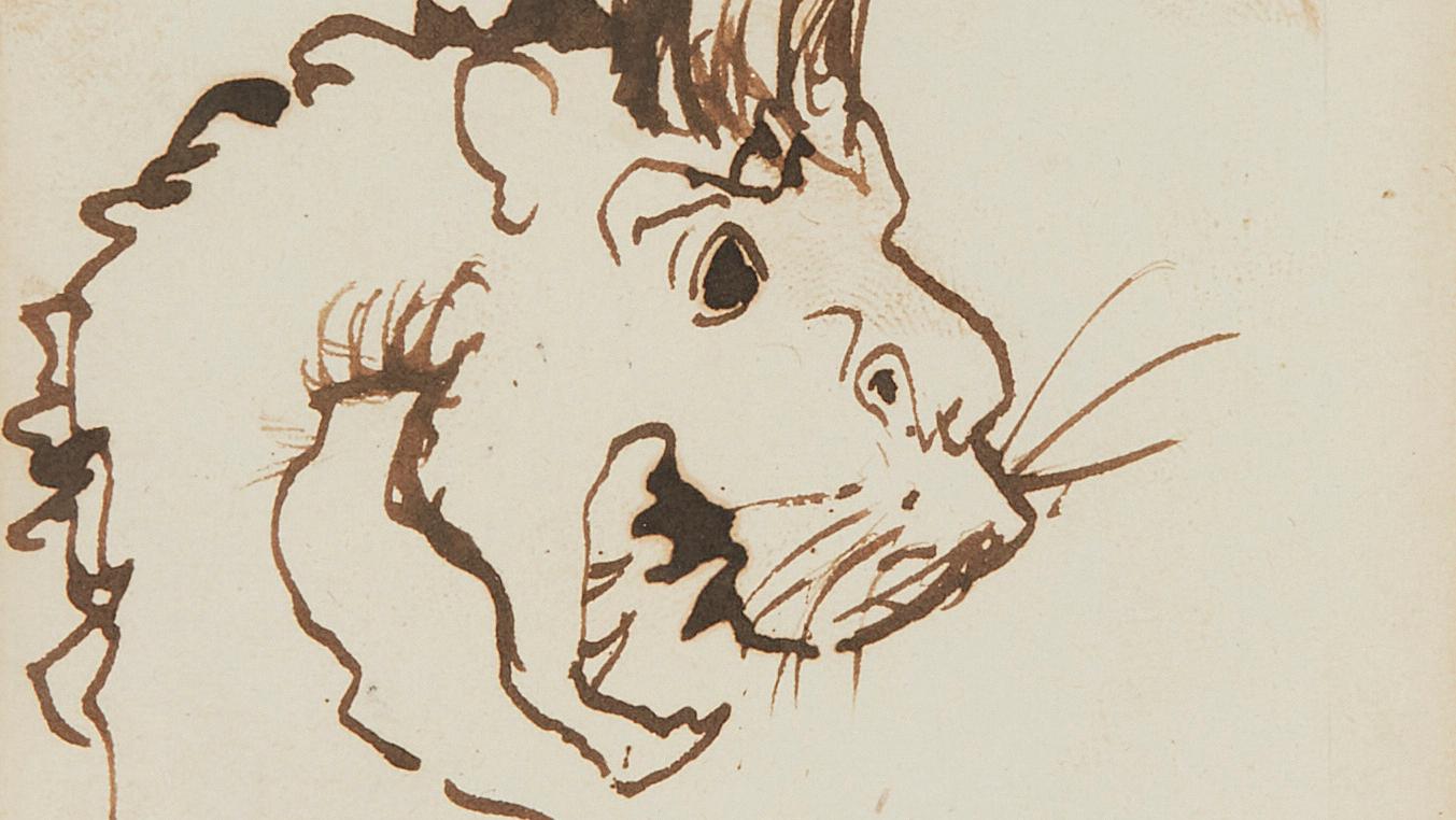 Victor Hugo (1802-1885), Tête de gargouille, plume et encre brune sur papier, 8,5 x 7,5 cm.... Les Victor Hugo de la collection Jean et Sheila Gaudon
