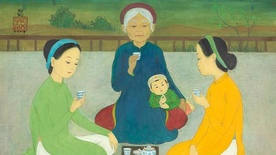 Mai Trung Thu, La Cérémonie du thé, 1971, encre et couleurs sur soie, 55,8 x 55,8 cm.... Mai Trung Thu et Vu Cao Dam, tour d’horizon du Vietnam