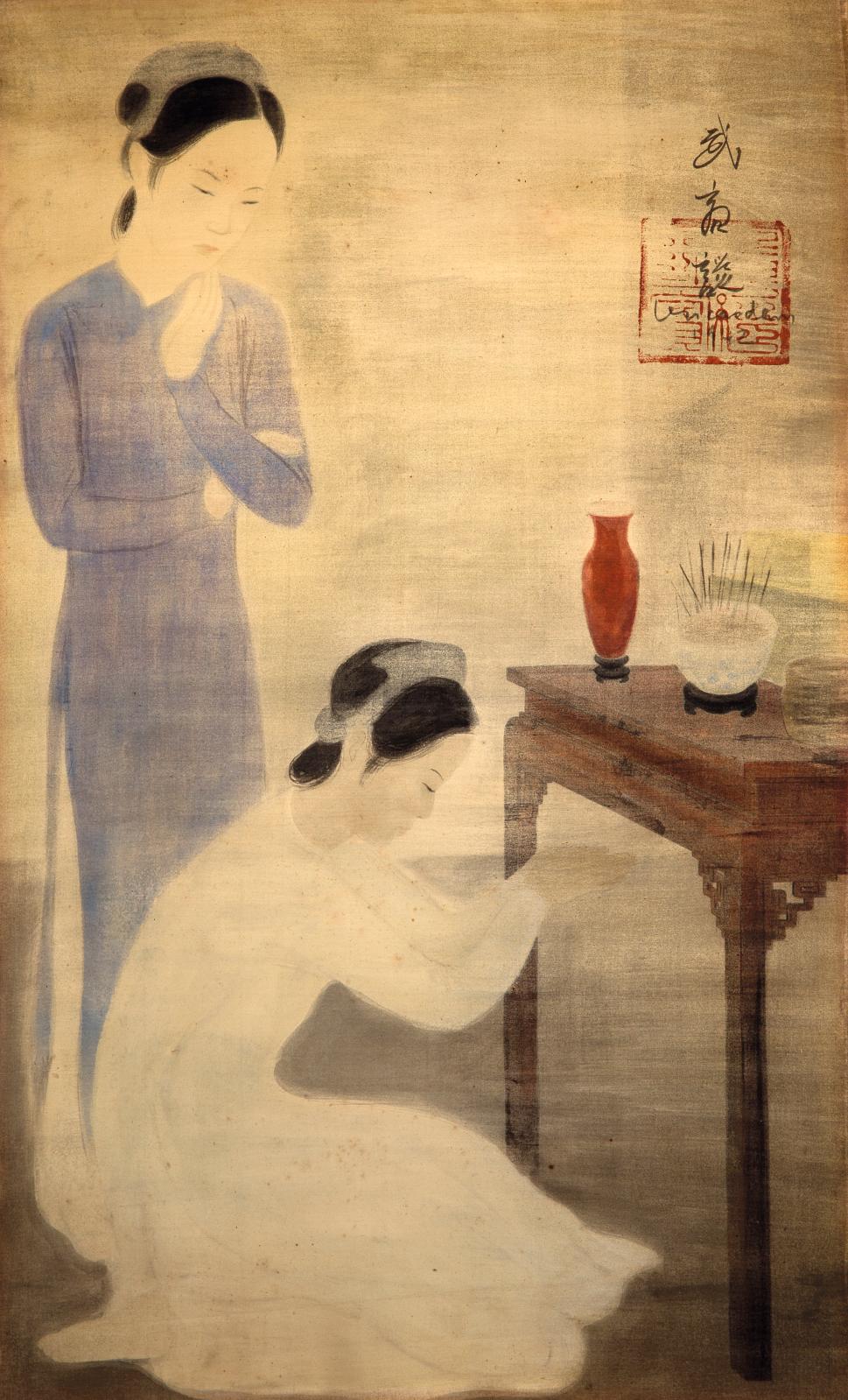 Le lien de piété filiale unissant les générations s’exprime dans cette peinture de Vu Cao Dam (1908-2000), montrant Le Culte des ancêtres 