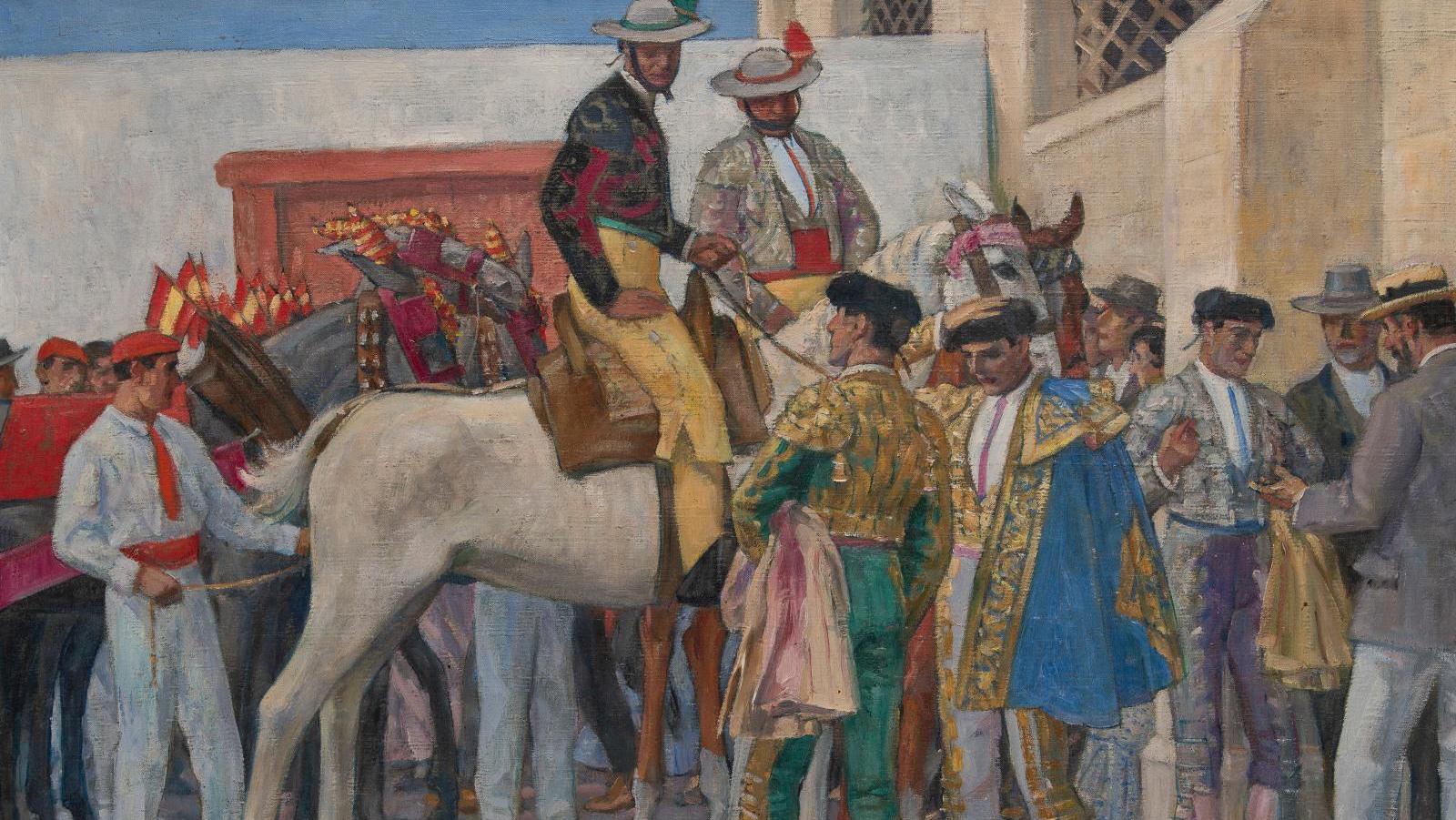Henri-Achille Zo (1873-1933) Corrida, le patio de caballos, huile sur toile signée,... Henri Achille Zo, pour l’amour de la tradition tauromachique basque