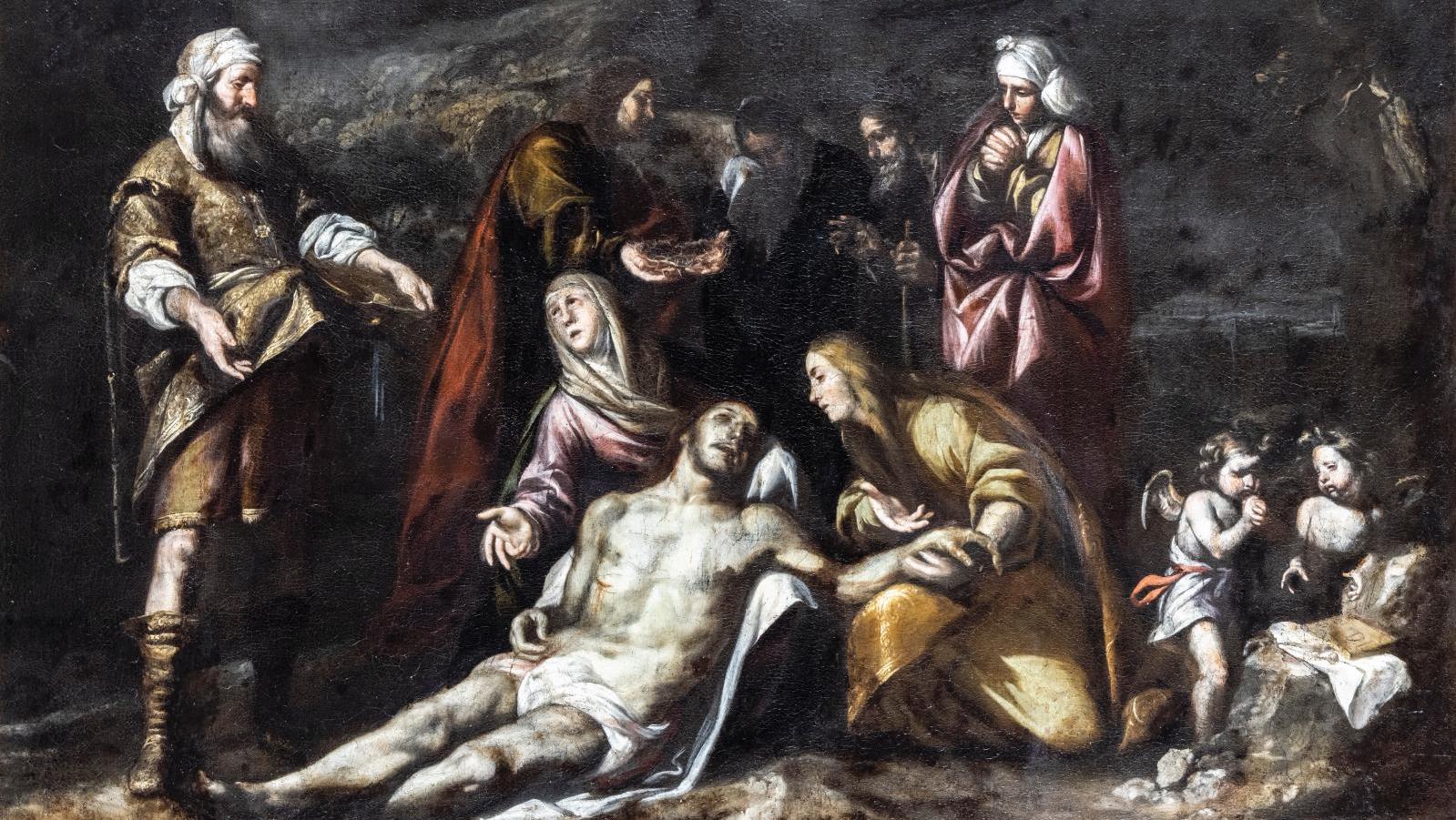 École espagnole du XVIIe siècle, Déposition de Croix, huile sur toile, 99,5 x 140 cm.... Des scènes religieuses et un cabinet précieux