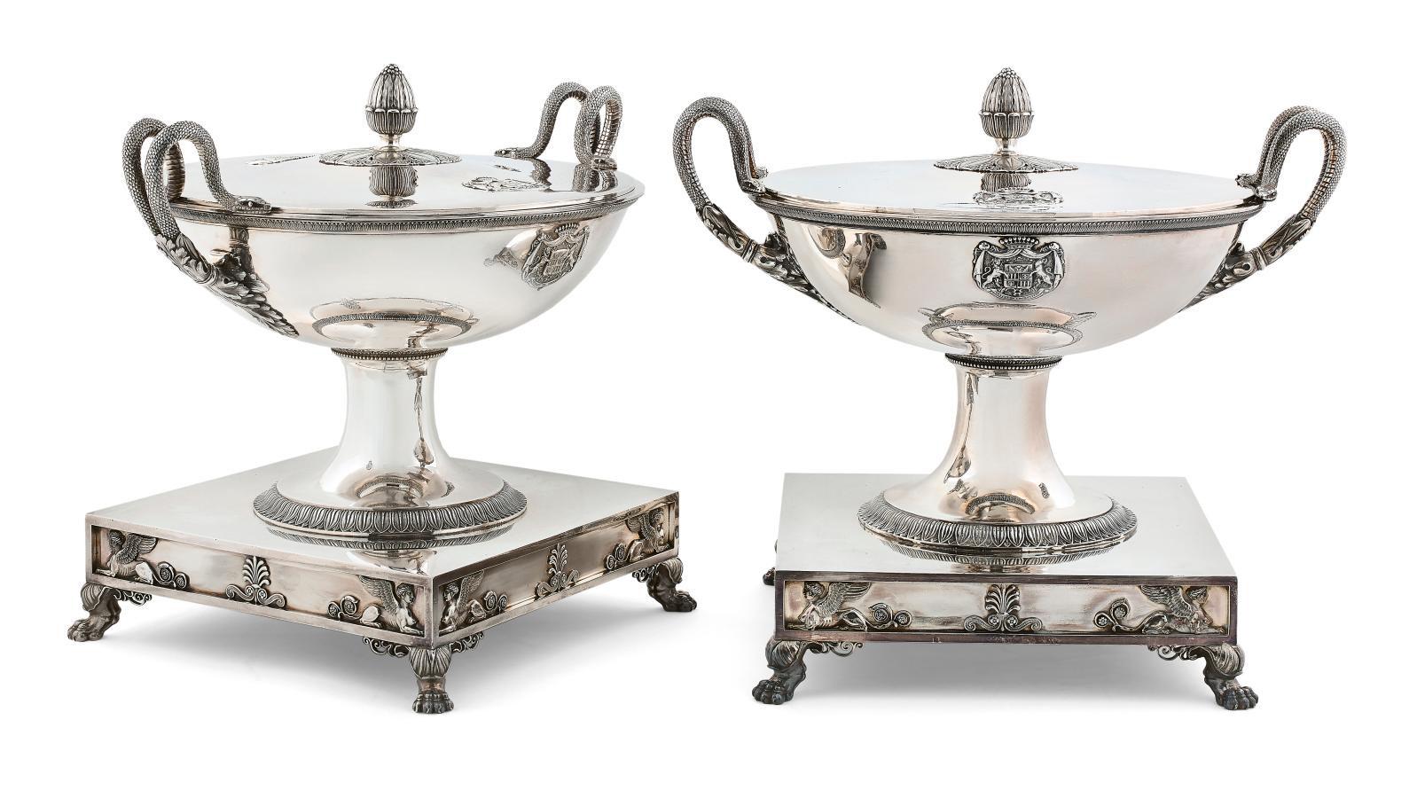 Jean-Baptiste-Claude Odiot (1763–1850), a pair of tureens, linings and lids, 1809–1819,... The Finest Empire Silverware in One Collection 