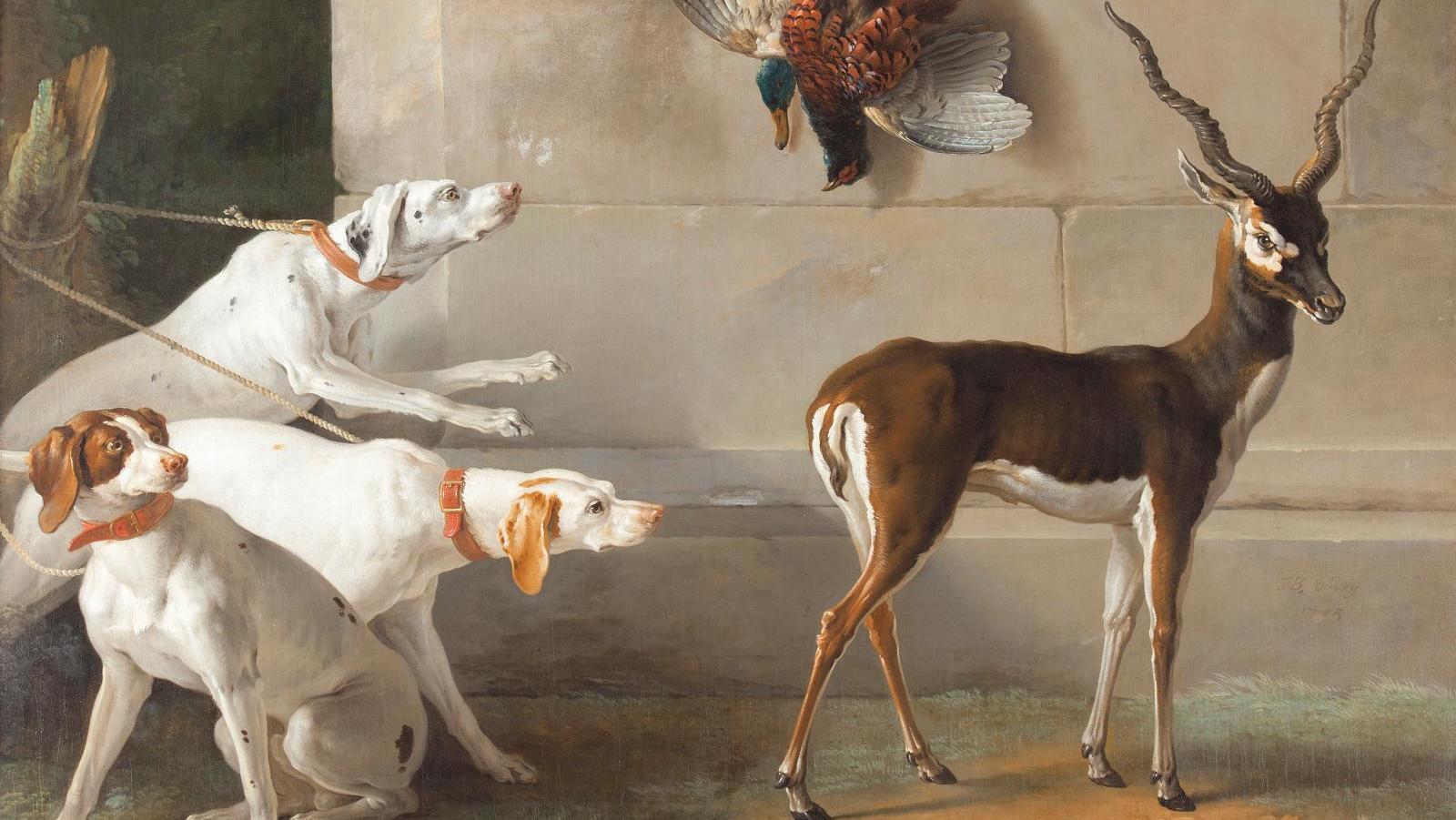 Jean-Baptiste Oudry (1686-1755), Trois chiens devant une antilope, Irlande, Russborough... Animaux princiers et bêtes politiques sous les Lumières