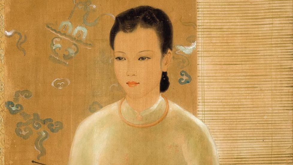 Luong Xuan Nhi (1913-2006), Le Tricot, 1941, encre et couleurs sur soie, signée,... Record mondial  pour Luong Xuan Nhi