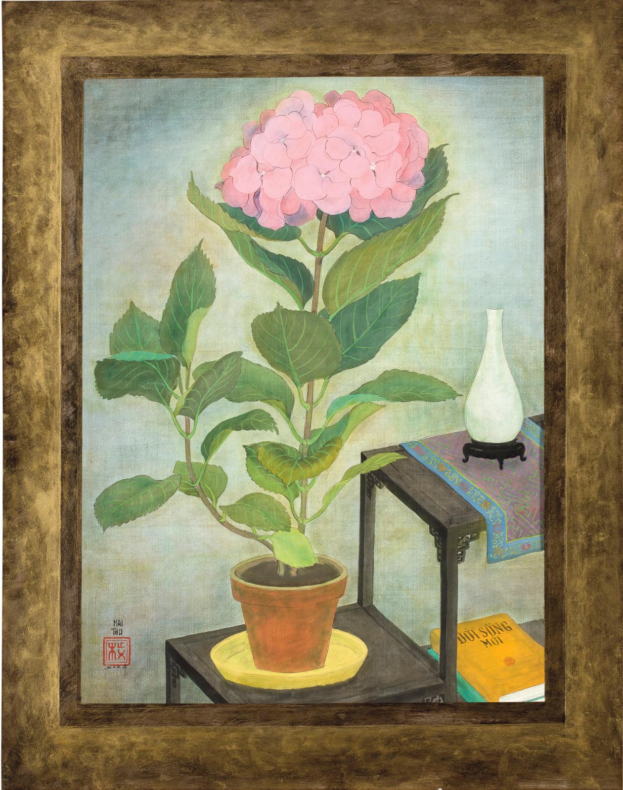 Luong Xuan Nhi (1913-2006), Le Tricot, 1941, encreet couleurs sur soie, signée, datée et monogrammée, 65,5 x 40,5 cm. Adjugé : 756 440 € 