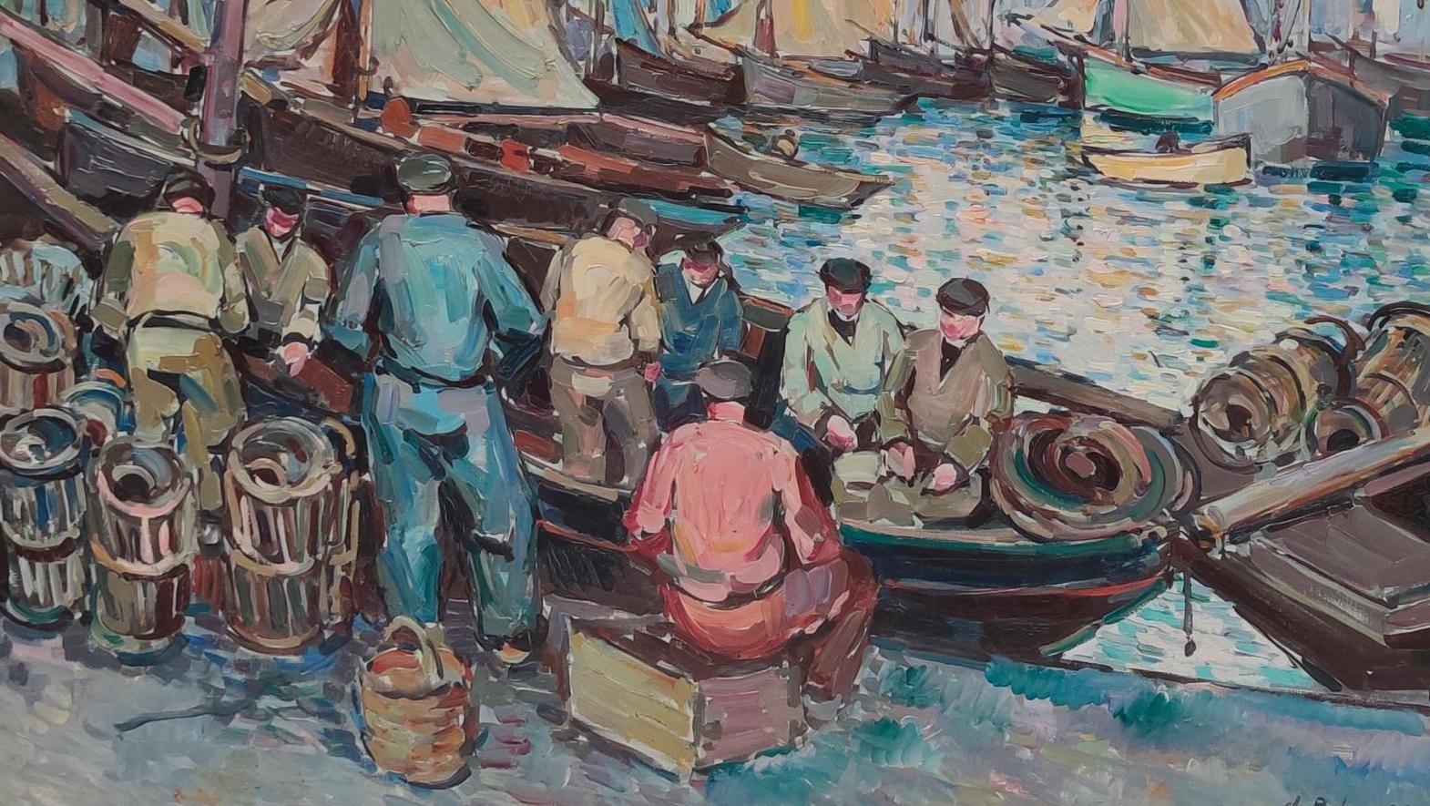 Pierre de Belay (1890-1947), Pêcheurs et voiliers dans le port en Bretagne, 1928,... Pierre de Belay,  peintre de la vie bretonne