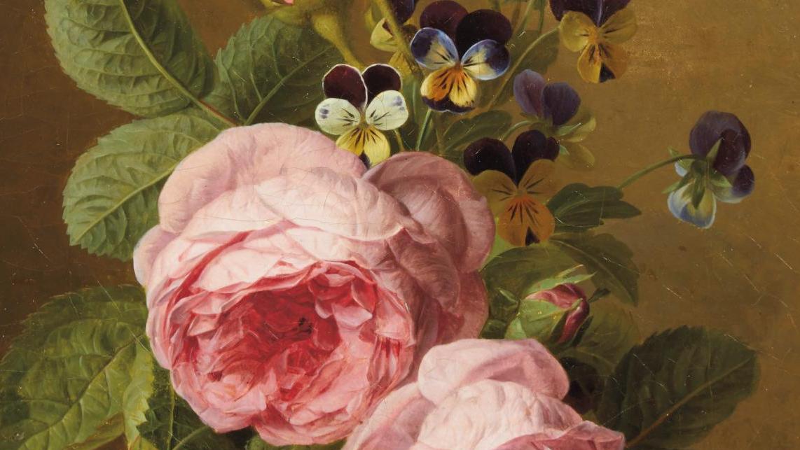 Jan Frans Van Dael (1764 -1840), Roses et pensées dans un vase de verre sur un entablement,... Des roses et des pensées cueillies par Van Dael 