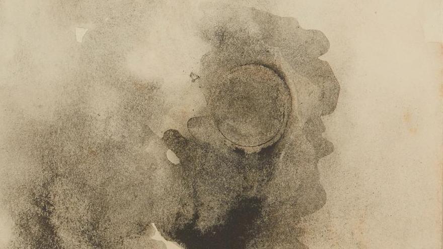 Victor Hugo (1802-1885), Nuées et soleil et empreinte de pièce, encre noire et lavis... Un soleil dans les nuées hugoliennes