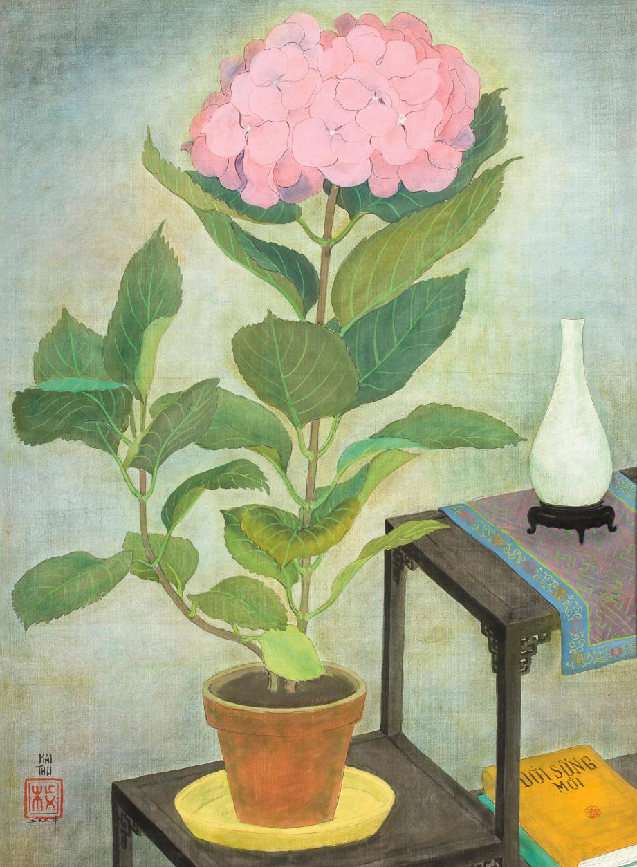 Mai Trung Thu (1906-1980), Composition à l’hortensia, 1955, ink and color on silk, signed and dated, in the original frame by the artist, 