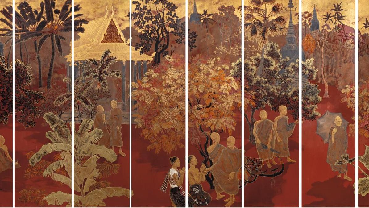 Lê Quoc Loc (1918-1987), Paysage de Phnom Penh, 1943, paravent à huit feuilles en... Un paravent laqué de Lê Quoc Loc