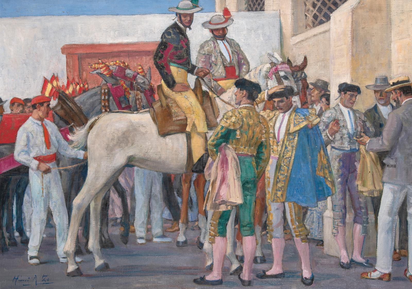 Henri-Achille Zo (1873-1933), Corrida, le patio de caballos, huile sur toile signée, 60 x 91 cm. Adjugé : 17 360 €