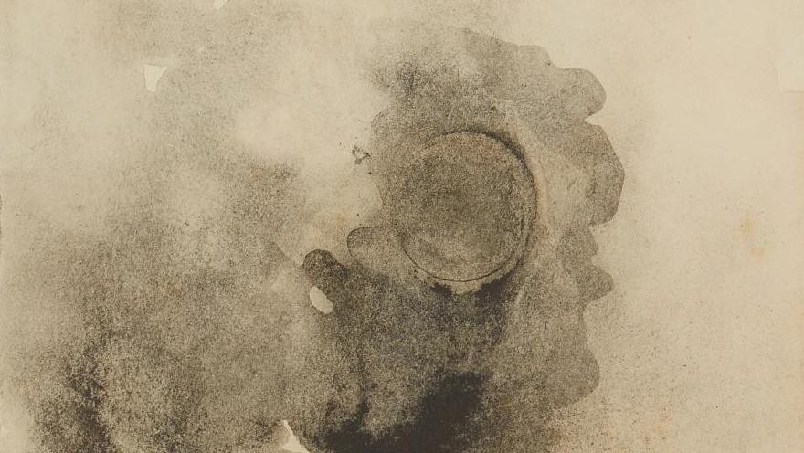 Victor Hugo (1802-1885), Nuées et soleil et empreinte de pièce, black ink and wash... Victor Hugo's Sun in the Clouds 