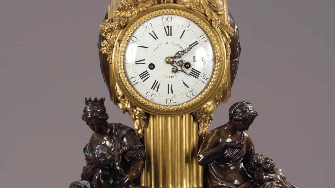 Transition period, c. 1770, a chased, patinated gilt bronze mantel clock featuring... Master Clockmaker Charles Dutertre's Perfect Timing
