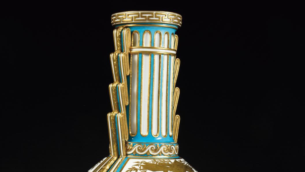 Greek column vase or fluted column vase in Sèvres porcelain decorated with military... An Ode to Ancient Greece by the Sèvres Workshop