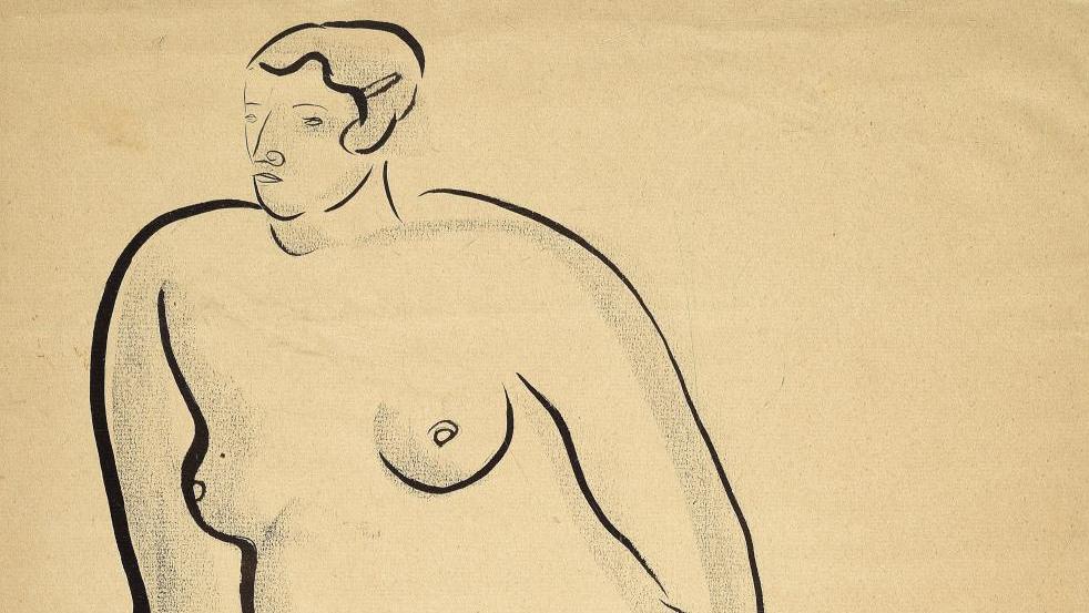 Sanyu (1895-1966), Femme nue à la barrette, encre sur papier Ingres, 47 x 31 cm.... Sanyu, huit dessins redécouverts