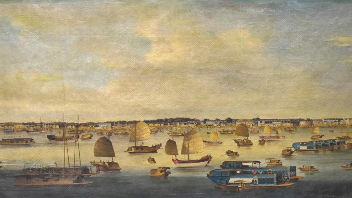 École anglo-chinoise, vers 1840, Vue du front de mer à Honam, huile sur toile, 92 x 193,5 cm.... De la Rivière des Perles à un village du Jura
