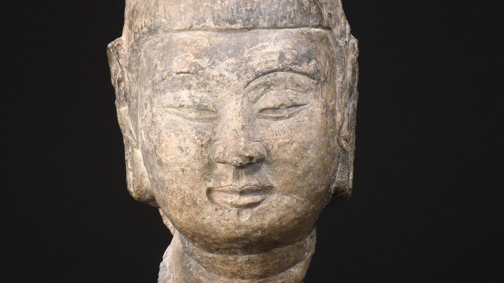 China, Wei period (386-557 C.E.), limestone Head of Buddha, half-open eyes, Threefold... Success for a Wei Dynasty Buddha and an 18th-Century Snuffbox 