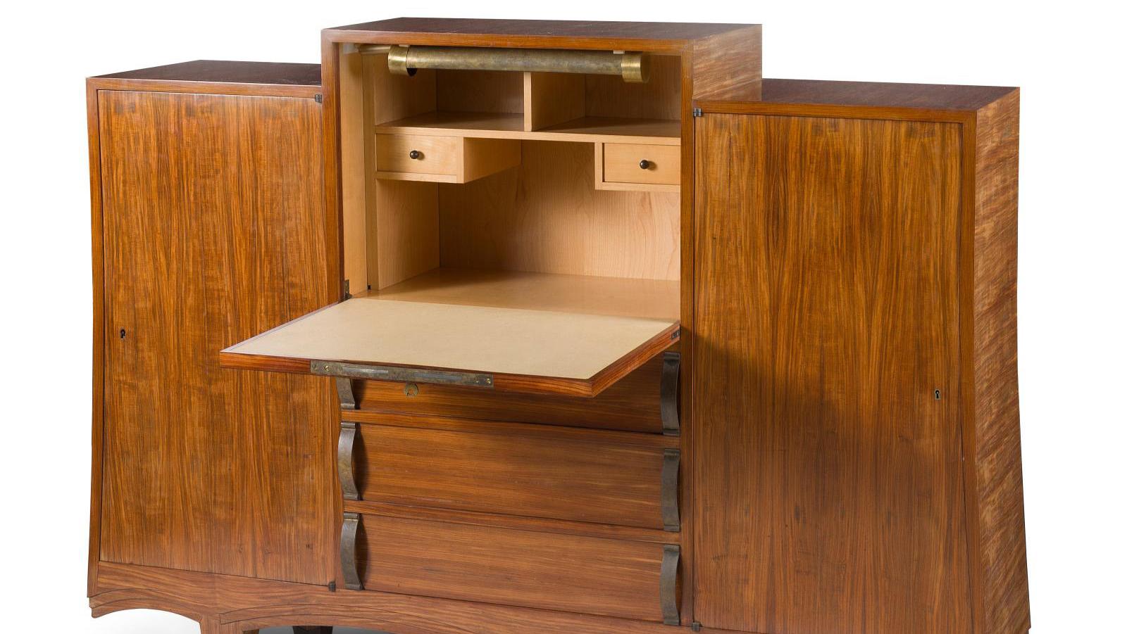 Writing desk-cabinet veneered in violet wood, interior in blond wood, patinated brass... Eugène Printz: A Prince of Art Deco in Casablanca