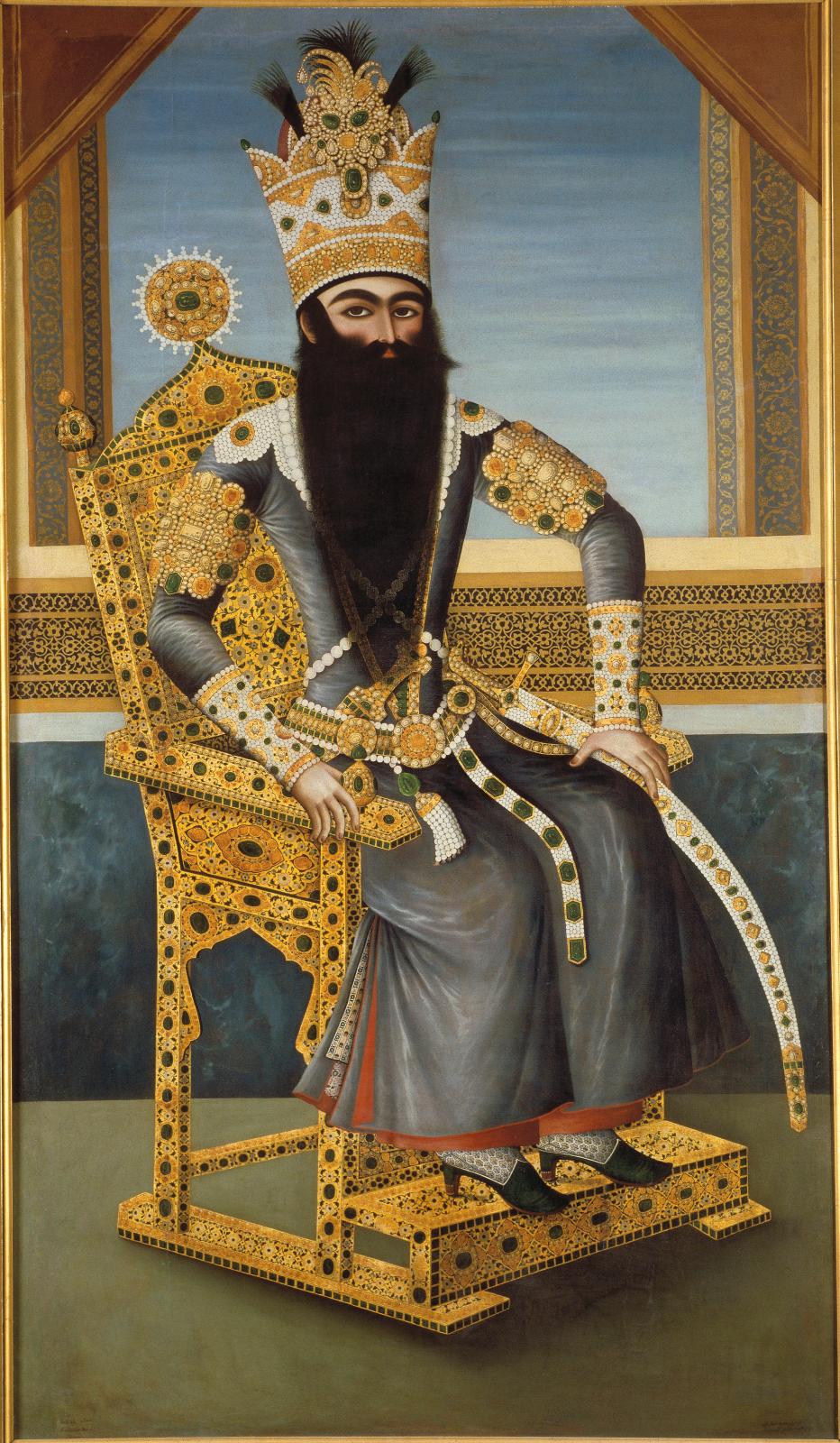 Attribué à Mihr ‘Ali, Iran, 1800-1806, Portrait de Fath ‘Ali Shah, huile sur toile, Paris, musée du Louvre, dépôt du château-domaine natio