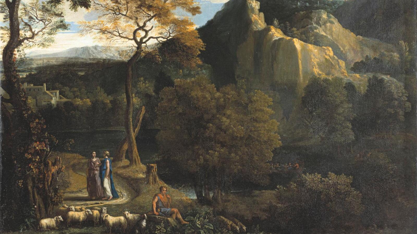 Attribué à Abraham Genoels (1640-1723), Paysage animé de personnages, huile sur toile,... Un paysage classique d’Abraham Genoels