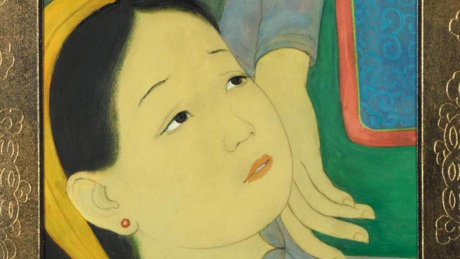 Mai-Thu (1906-1980), Femme pensive, encre et couleurs sur soie, 18 x 26 cm. Estimation :... Mai Trung Thu, Bouddha, émaux cloisonnés…