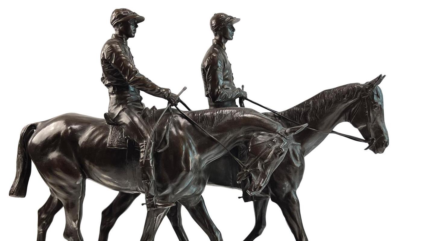Emmanuel Frémiet (1824-1910), Chevaux de course et jockeys, bronze à patine brune... La course en tête pour les chevaux de Frémiet 