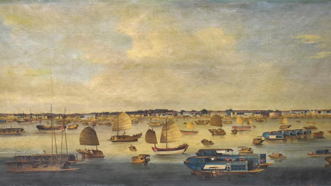 Anglo-Chinese school c. 1840, Vue du front de mer à Honam (View from the Seafront... From the Pearl River to a Village in the Jura