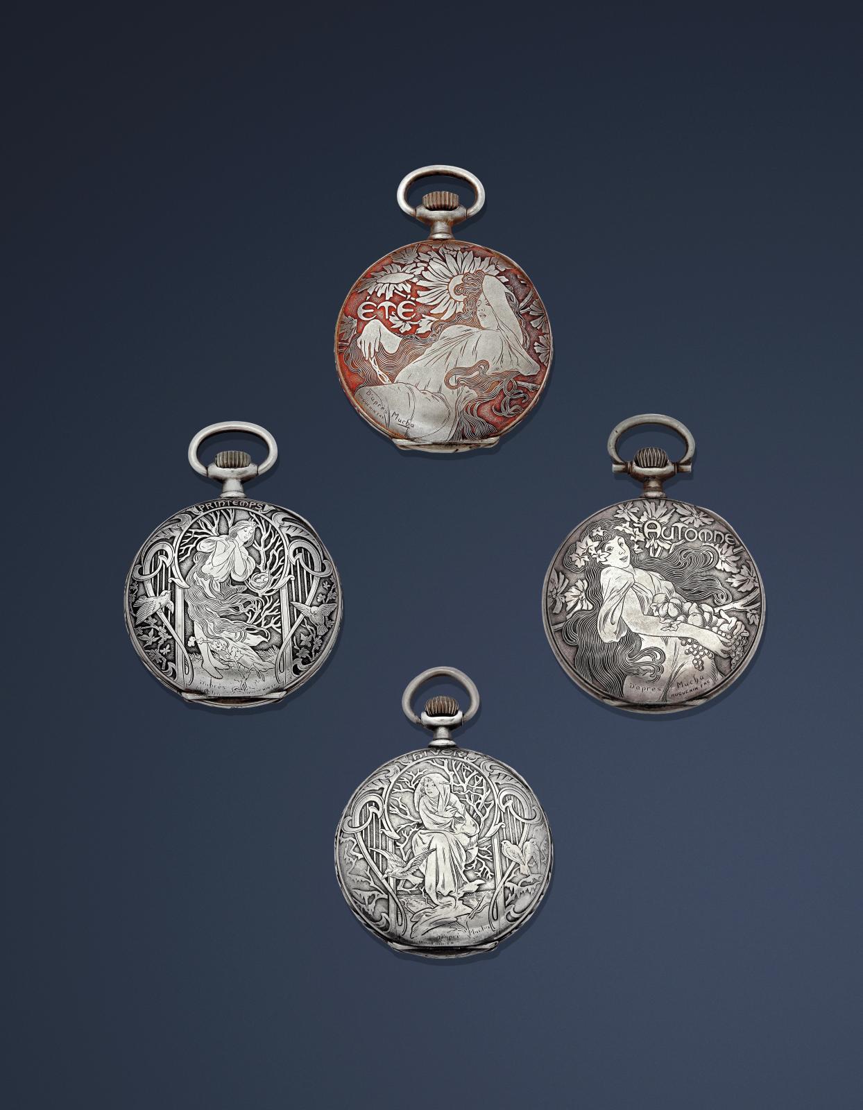Zenith, «Mucha», vers 1900, quatre montres de poche en acier à mouvement mécanique, décor gravé des Quatre saisons d’après Alfons Mucha et