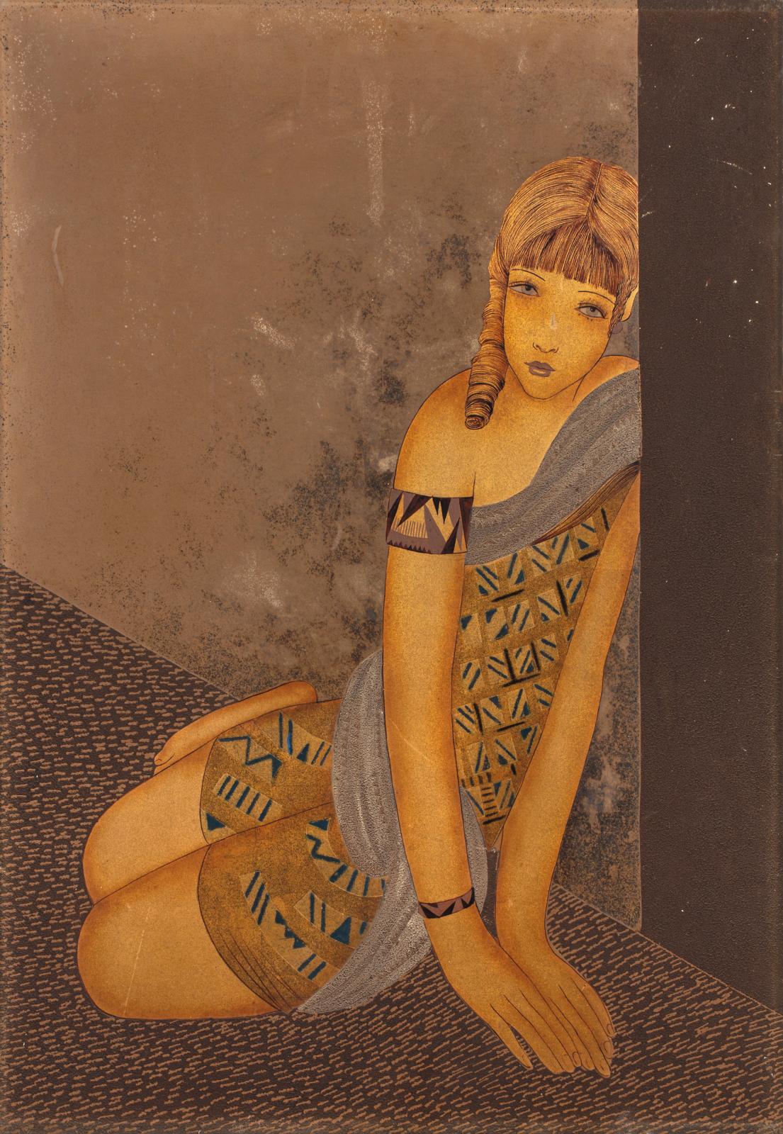 Jean Dunand (1877-1942), Jeune fille assise, 1929, panneau de bois laqué partiellement gravé et laque arrachée, cadre d’origine laqué, 86 