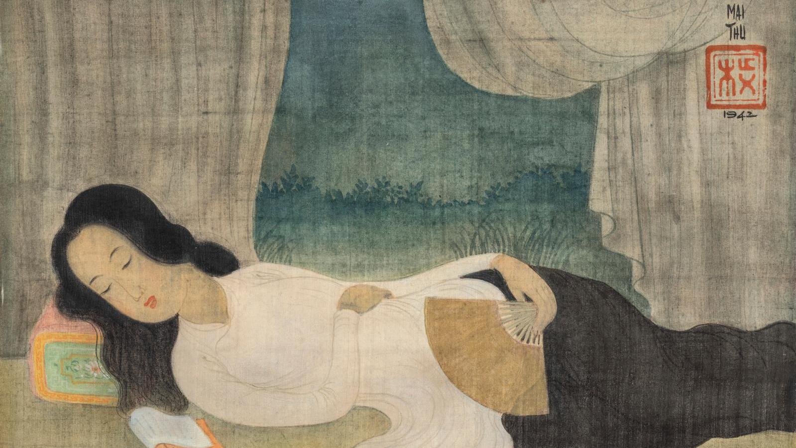 Mai-Thu (1906-1980), La Sieste , 1942, encre et couleurs sur soie, signature et cachet,... De Mai-Thu à Lapicque, un tour du monde en peinture