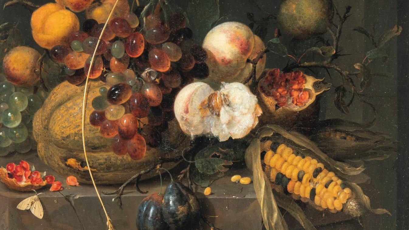 Jan Mortel (1650-1719), Nature morte, épis de maïs, grenades, abricots, prunes et... De la prospérité des Pays-Bas