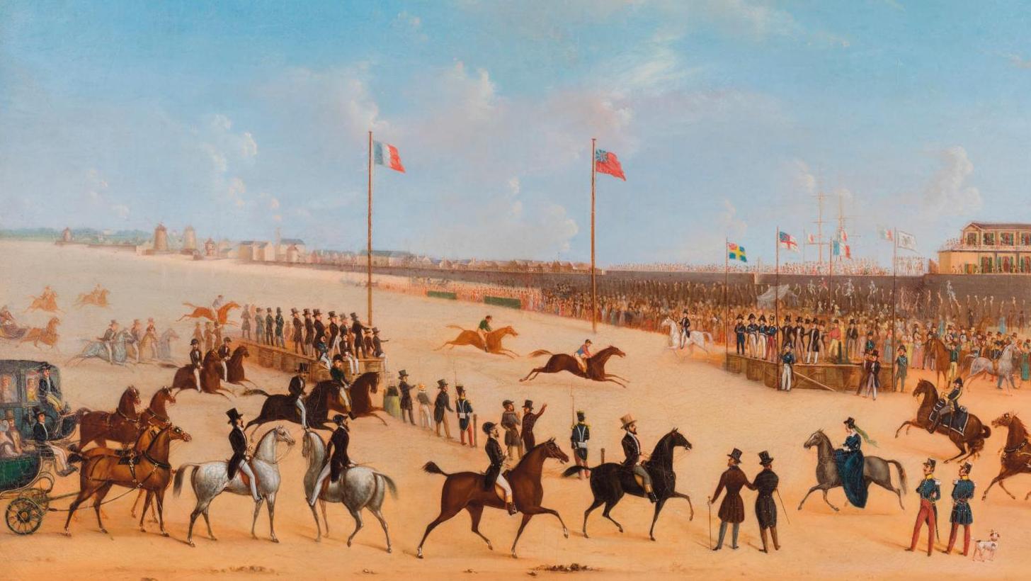École française du XIXe siècle, Courses de chevaux à Saint-Malo, huile sur toile,... Néoclassique ou romantique, le paysage...