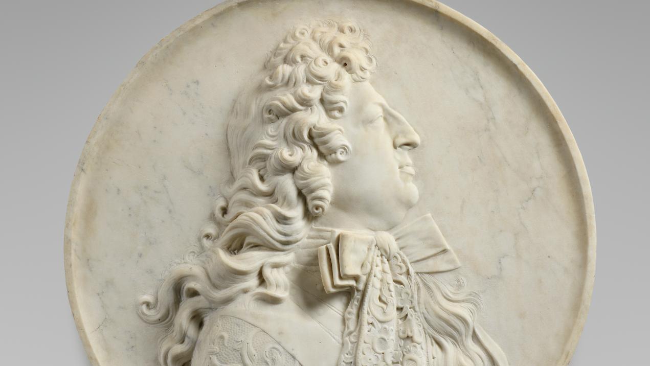 Pierre Puget, Medallion of Louis XIV Seen in Right Profile, Carrara marble, 65 x... The Age of Louis XIV on Show at the Alexis Bordes Gallery in Paris